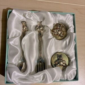 Baby’s Keepsake Box First Curl & Tooth Teddy Bear Design Matching Spoon/Fork Set